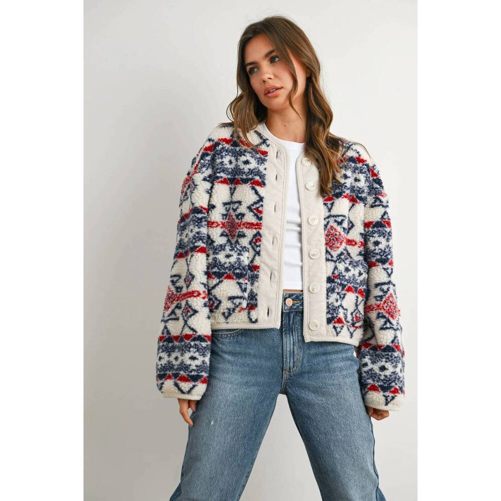 NEW BUTTERMELON asher graphic fleece jacket in ivory / navy